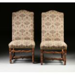A SET OF TEN LOUIS XIV STYLE UPHOLSTERED AND CARVED WALNUT TALL BACK DINING CHAIRS, LATE 19TH/