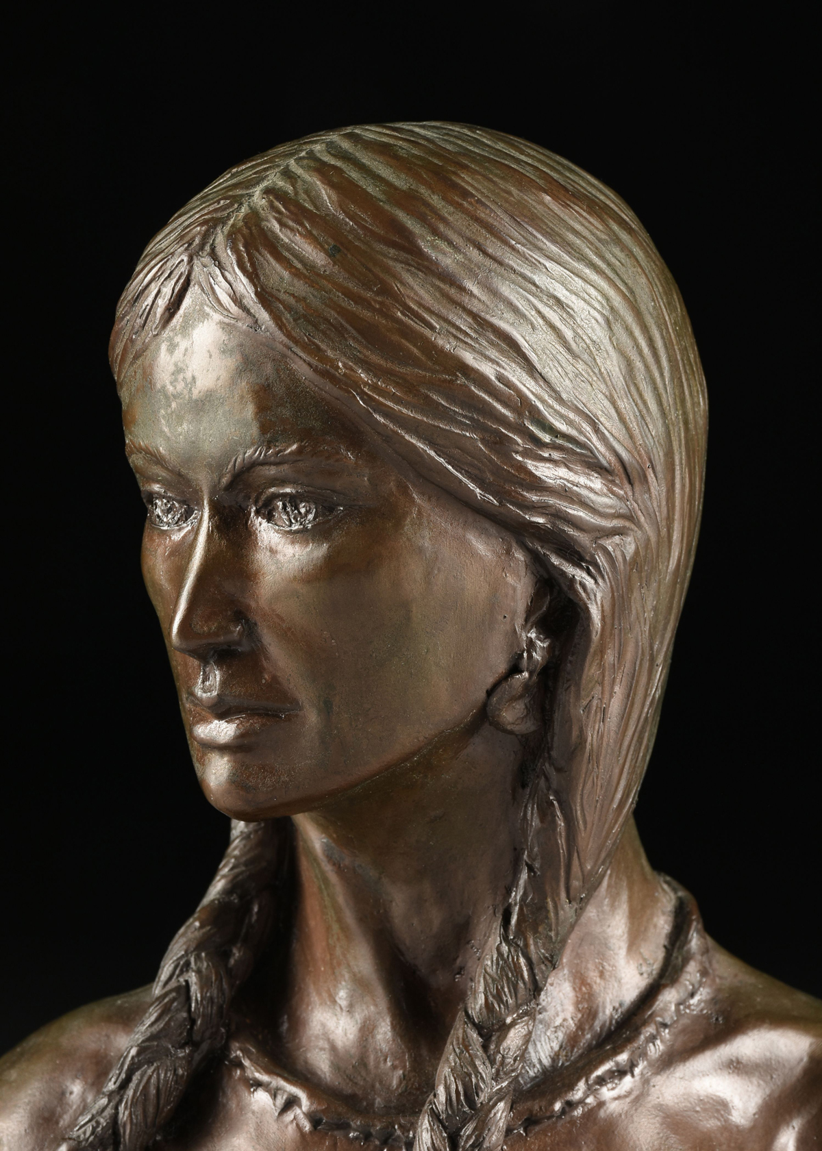 TOM MOSS (American/Texas b.1935) A BRONZE PORTRAIT BUST, "Sacajawea," 1981, with a light brown - Image 3 of 7