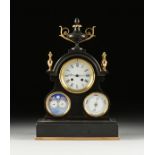 A VICTORIAN TRIPLE DIAL AND GILT BRASS MOUNTED POLISHED BLACK MARBLE MANTLE CLOCK, FOURTH QUARTER