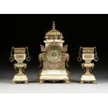 A THREE PIECE ORIENTALIST BRONZE MOUNTED GREEN ONYX MANTLE CLOCK GARNITURE, FRENCH, THIRD QUARTER