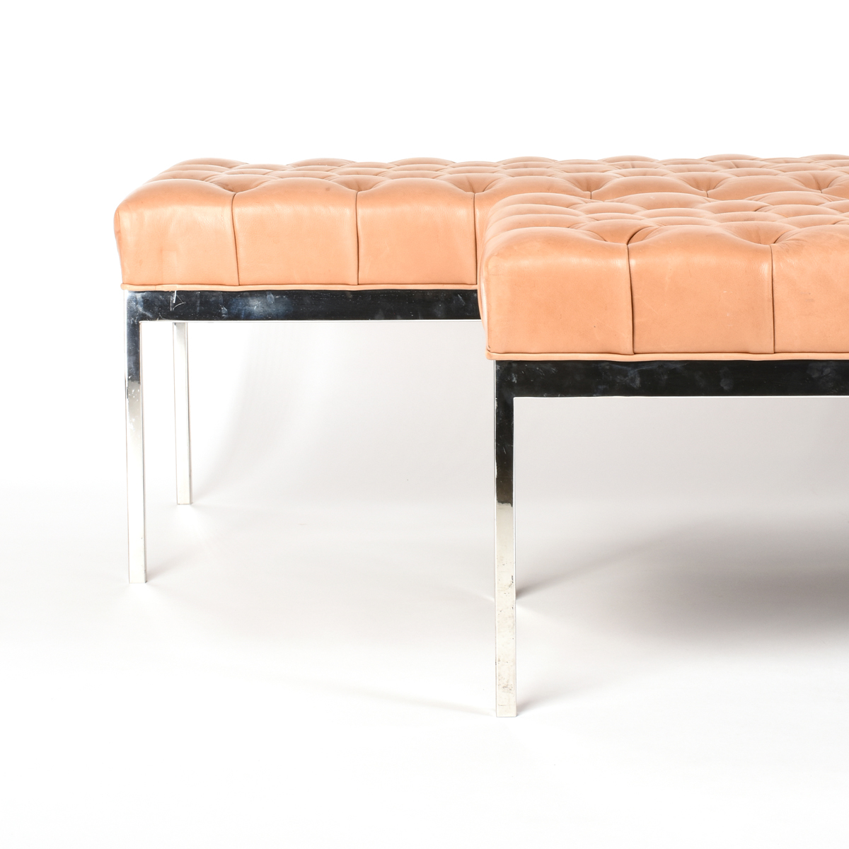 after FLORENCE KNOLL (AMERICAN 1917-2019) A PAIR OF MID-CENTURY BUTTONED LEATHER AND CHROME BENCHES, - Image 5 of 5