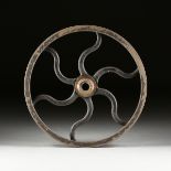 AN ANTIQUE AMERICAN INDUSTRIAL MINING CART WHEEL, LATE 19TH CENTURY, with black painted cast iron "