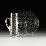 AN ART DECO SILVER OVERLAY GLASS PLATTER AND PITCHER, PROBABLY AMERICAN, EARLY/MID 20TH CENTURY, the