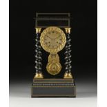 A NAPOLEON III EBONIZED WOOD BRASS INLAID TWISTED COLUMN PORTICO CLOCK, CLOCKWORKS BY J. CHARLES,