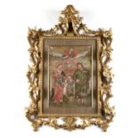 A SPANISH COLONIAL RETABLO, "The Holy Family," MEXICO, 19TH CENTURY, oil on tin. 13 1/4" x 9 3/8"