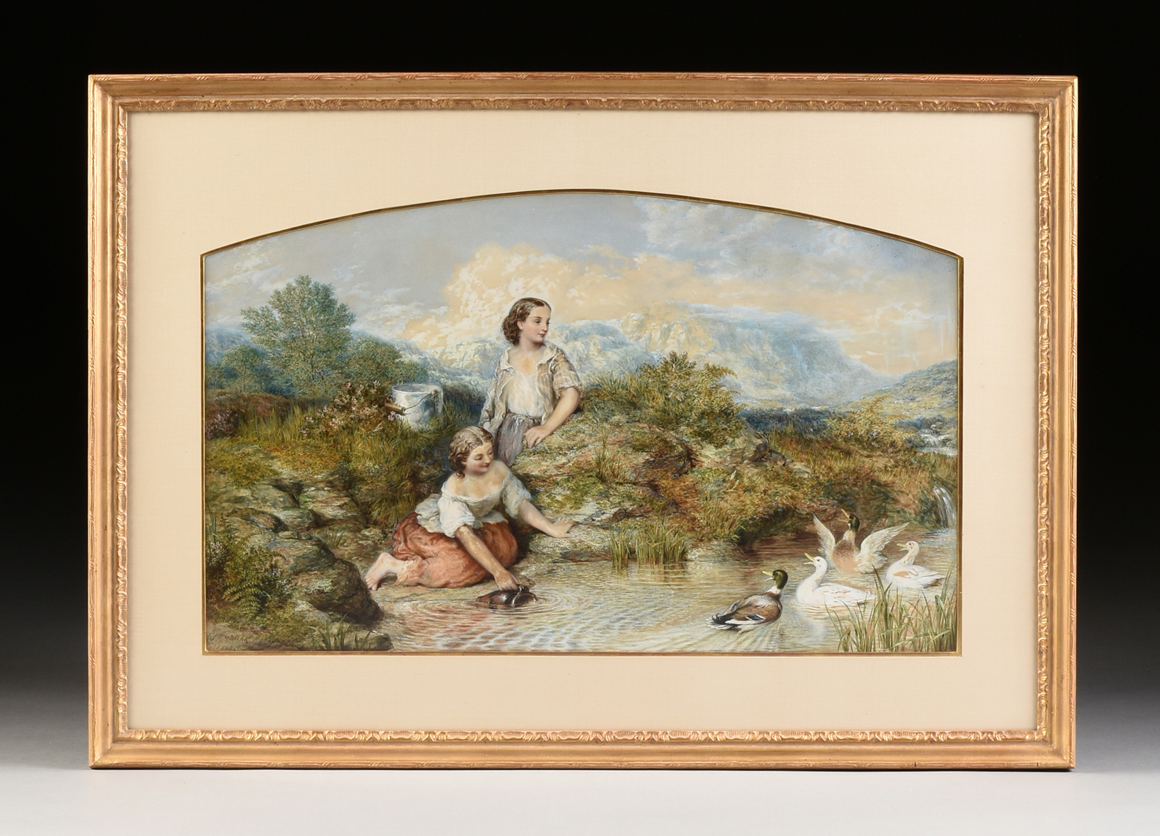 THOMAS JOHN EWBANK (Scottish a. 1826-1863) A PAINTING, "Water Gathering Young Couple and Ducks at - Image 2 of 12