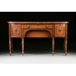 A REGENCY FLAME MAHOGANY INLAID SIDEBOARD, EARLY 19TH CENTURY, with a bow front rectangular top