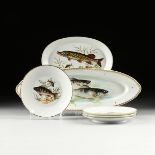 AN ASSEMBLED SIX PIECE GROUP OF FISH DECORATED PORCELAIN DISHES, EACH SIGNED, FRENCH AND WEST