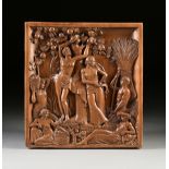 A FINE FRENCH ART DECO CARVED WALNUT PANEL, CIRCA 1930s, of square form and beautifully sculpted