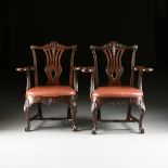 A PAIR OF GEORGE II STYLE CARVED MAHOGANY AND RED LEATHER UPHOLSTERED DINING ARMCHAIRS, 18TH/19TH