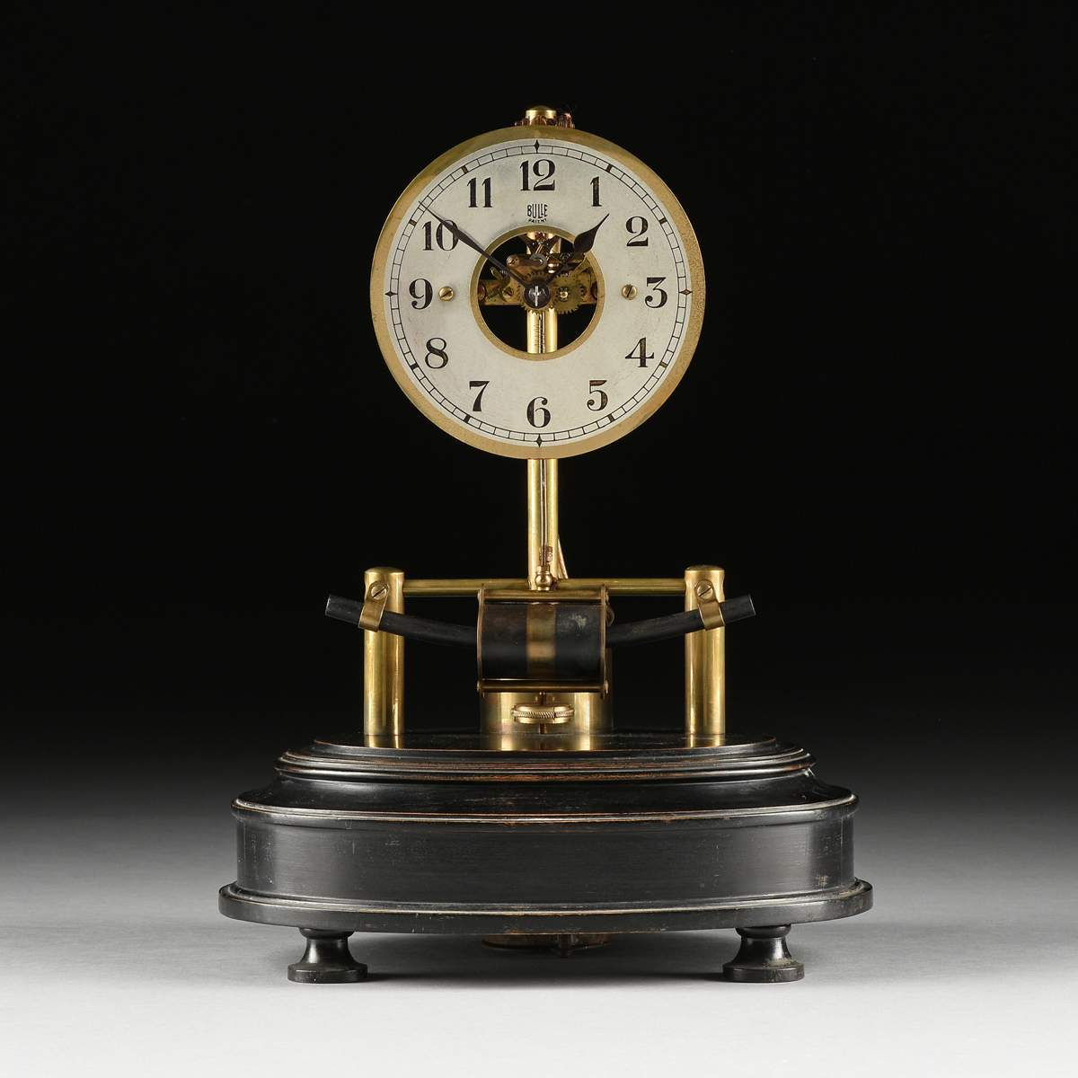 A ELECTROMAGNETIC BRASS SKELETON CLOCK, BY BULLE, FRENCH, NUMBERED, EARLY 20TH CENTURY, the silvered - Image 2 of 9