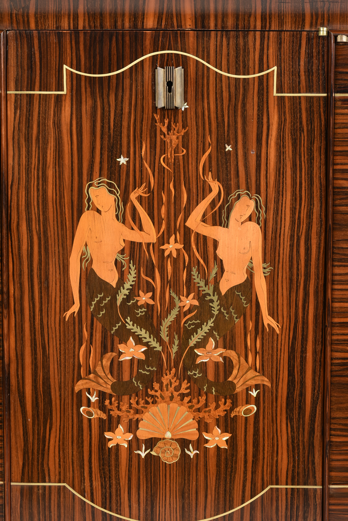 AN ELEGANT FRENCH ART DECO EXOTIC WOODS MARQUETRY INLAID MACASSAR EBONY AND GILT IRON CREDENZA, - Image 7 of 8