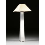 A MID CENTURY MODERN J. ROBERT SCOTT "LITHIC" BRUSHED STEEL AND CHROME FLOOR LAMP, DESIGNER SALLY