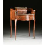 A CARLTON HOUSE STYLE BRASS MOUNTED INLAID MAHOGANY LEATHER TOP LADY'S DESK, CIRCA 1900, the pierced