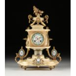 A NAPOLEON III GILT METAL AND ENAMEL PLAQUE MOUNTED ALABASTER MANTLE CLOCK, 1860s, with a