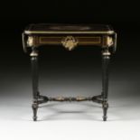 A NAPOLEON III STYLE BOULLE WORK INLAID ORMOLU MOUNTED EBONIZED DROP LEAF WRITING TABLE, FRENCH,