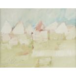 JIM N. HILL (American/Texas b. 1942) A PAINTING, "Houses in Landscape," 1980, mixed media on