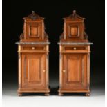 A PAIR OF FRENCH RENAISSANCE REVIVAL MARBLE TOPPED WALNUT BEDSIDE CABINETS, LATE 19TH/EARLY 20TH