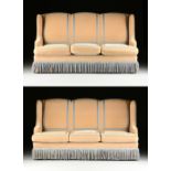 A PAIR OF CHARLES II STYLE VELVET UPHOLSTERED WING BACK SOFAS, MODERN, each thickly padded and of