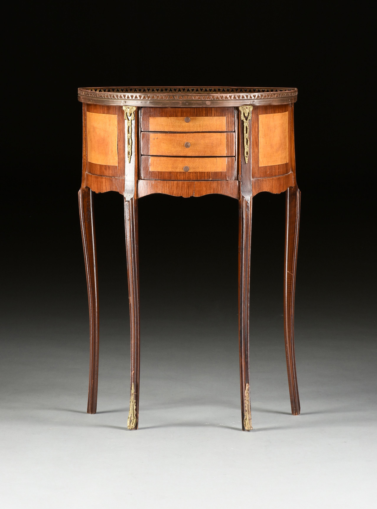 A PAIR OF LOUIS XV/XVI TRANSITIONAL STYLE BRONZE MOUNTED SATINWOOD AND MAHOGANY SIDE TABLES, 20TH - Image 2 of 9