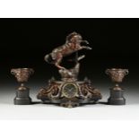 A BAROQUE REVIVAL THREE PIECE PATINATED METAL "REARING HORSE" AND NOIR BELGE CLOCK GARNITURE,