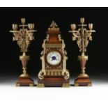 A THREE PIECE NEO-GOTHIC GILT BRONZE MOUNTED WALNUT CLOCK GARNITURE, RETAILER MORIN-ROULIN, MANS,