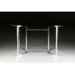 A MID CENTURY MODERN SMOKEY GLASS TOP CHROMED STEEL TABLE, AFTER MILO BAUGHMAN, MID/LATE 20TH