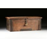 AN ANTIQUE CONTINENTAL IRON MOUNTED OAK TRUNK, 18TH/19TH CENTURY, the hinged rectangular arched