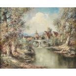 WILLI BAUER (German b. 1923) A PAINTING, "Roman Bridge by the Town," oil on canvas, signed L/R,