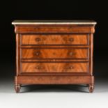 A LOUIS PHILIPPE MARBLE TOPPED FLAME MAHOGANY CHEST OF DRAWERS, CIRCA 1848, the later variegated