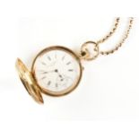 A SWISS DAVID J. MAGNIN 18K YELLOW GOLD ENGRAVED AND ENAMELED JEWELED POCKET WATCH ON 18K CHAIN,