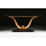 AN ART DECO STYLE "FONTAINE" GILT CARVED WOOD AND MAHOGANY CONSOLE TABLE, BY CHRISTOPHER GUY,