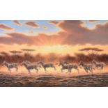 BO NEWELL (American/Texas 20th/21st Century) A PAINTING, "Zebras Galloping at Sunset," 1986, oil