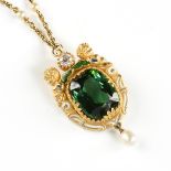AN AUSTRO-HUNGARIAN STYLE RENAISSANCE REVIVAL 18K YELLOW GOLD BLUE GREEN TOURMALINE, PEARL AND
