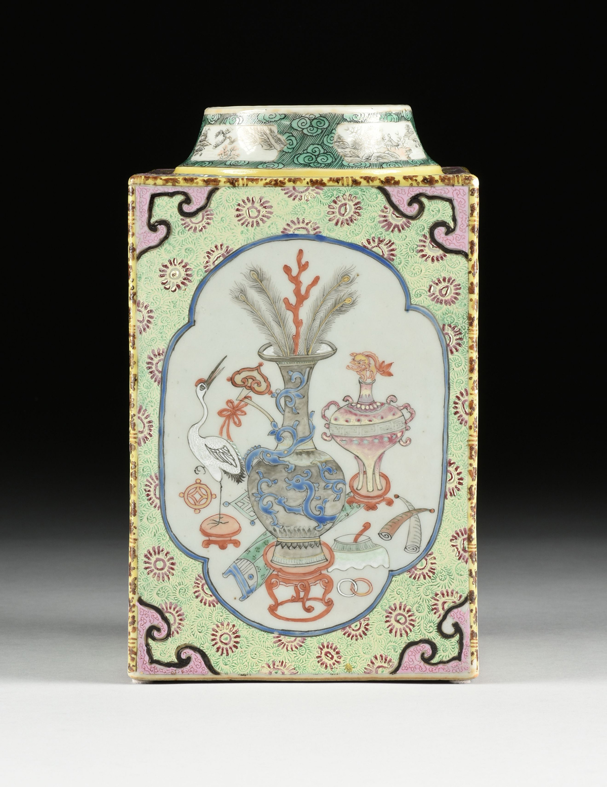 A CHINESE EXPORT FAMILLE ROSE SQUARE PORCELAIN JAR, 20TH CENTURY, the circular rim on a short neck - Image 6 of 8