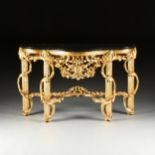 A NEOCLASSICAL STYLE MARBLE TOPPED AND PARCEL GILT CARVED WOOD CONSOLE TABLE, MODERN, with a