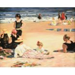 MARILYN GUERINOT (American b. 1947) A PAINTING, "Beach Goers," oil on canvas, signed L/R. 24" x