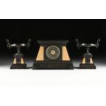 A THREE PIECE FRENCH EGYPTIAN REVIVAL BLACK AND SIENA MARBLE MANTLE CLOCK GARNITURE, RETAILED BY