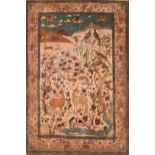 AN ANTIQUE ISFAHAN SILK PRAYER RUG, of rectangular form and centering a colorful scene of coupled