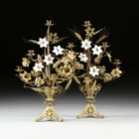 A PAIR OF ECCLESIASTICAL MILK GLASS GILT BRASS FIVE LIGHT CANDELABRA, FRENCH, LATE 19TH/EARLY 20TH