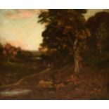 A SECOND GENERATION HUDSON RIVER SCHOOL PAINTING, "Figures Traveling at Sunset in Landscape," oil on