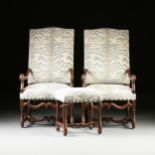 A PAIR OF LOUIS XIV STYLE SCALAMANDRÉ UPHOLSTERED WALNUT TALL BACK ARMCHAIRS AND MATCHING FOOT