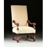 A LOUIS XIV STYLE VELVET UPHOLSTERED AND CARVED WALNUT ARMCHAIR, LATE 19TH/EARLY 20TH CENTURY, the