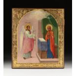 A RUSSIAN PARCEL GILT AND POLYCHROME ICON OF THE ANNUNCIATION OF USTYUG ON WOOD, AFTER THE 12TH