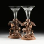 A PAIR OF BLACK FOREST FIGURAL CARVED WALNUT AND GLASS SPILL VASES, POSSIBLY GERMAN/SWISS, LATE 19TH