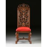 A CHARLES II STYLE CARVED WALNUT AND RED LEATHER UPHOLSTERED SIDE CHAIR, LATE 19TH/EARLY 20TH