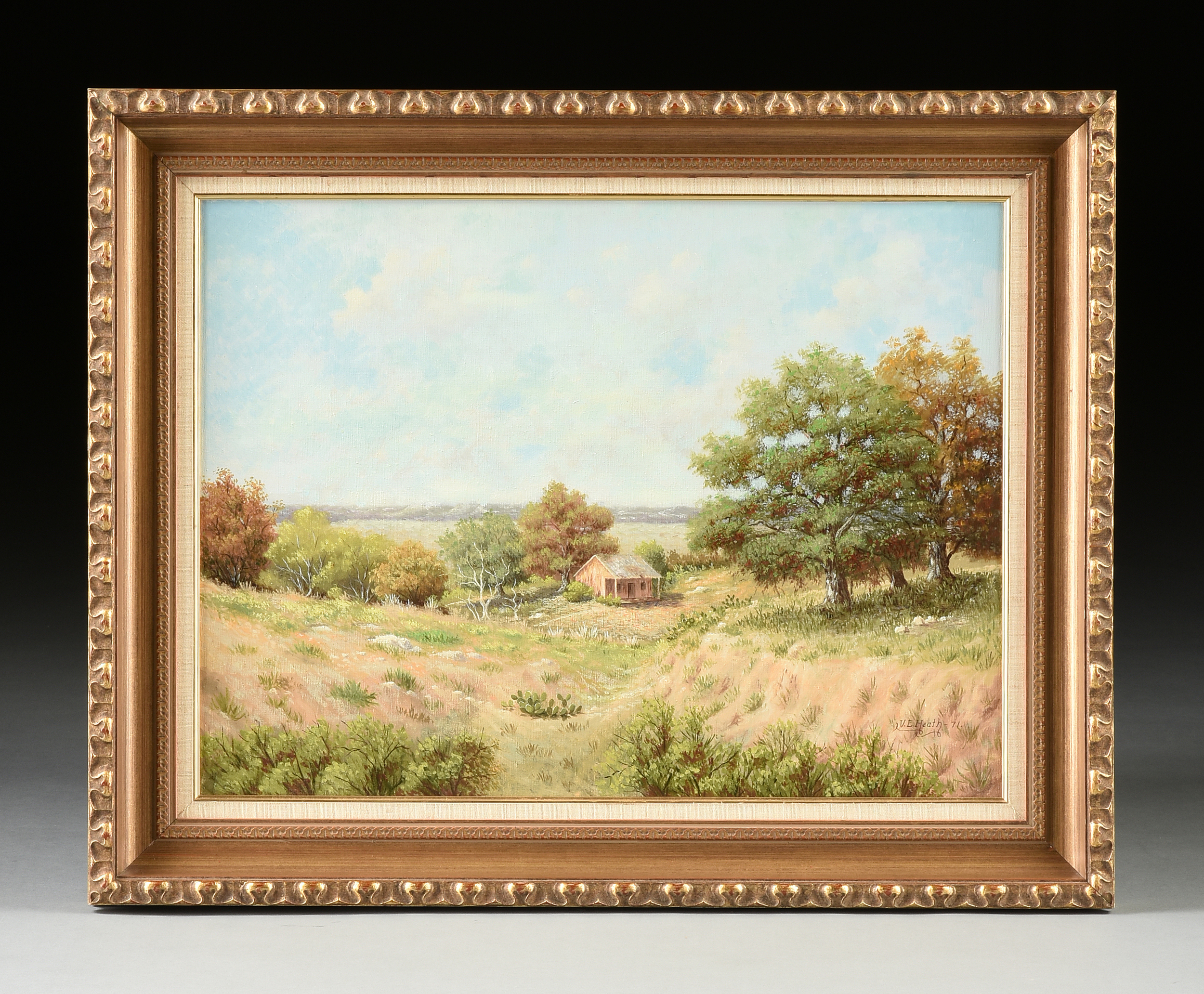 V.E. HEATH (American/Texas 20th Century) A PAINTING, "Pioneer Cabin in the Texas Hill Country," - Image 2 of 14