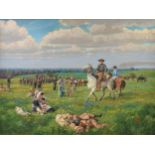LEE JAMISON (b. 1957) A PAINTING, "Sam Houston Counting the Troops," 1999, oil on canvas, signed and