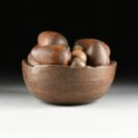 A COLLECTION OF ANTIQUE AMERICAN VARIOUS PRIMITIVE WOOD PEAR AND SPHERE FORM LAWN GAME PIECES,