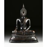 A SUKHOTAI STYLE PATINATED BRONZE FIGURE OF BUDDHA, THAILAND, 20TH CENTURY, cast with hair in rows